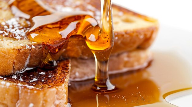 Photo macro french toast and syrup on white background