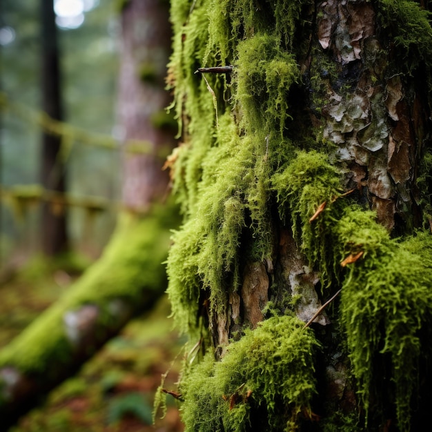 Macro of grass color natural moss floor grows in forest Generative AI