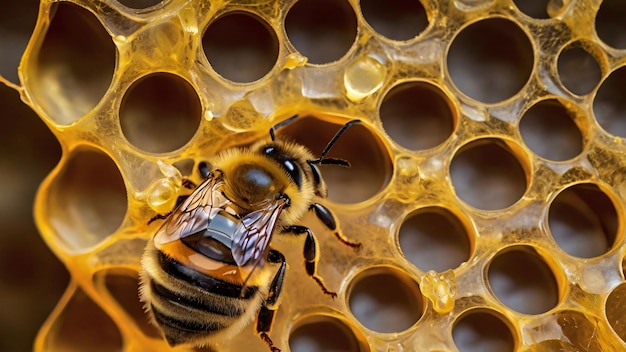 Macro image of bee on honeycomb collecting pollen