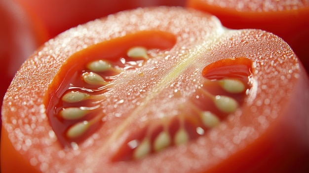 Photo macro image of a fresh tomato slice showcasing its vibrant red color juicy texture and visible seeds in detailed focus