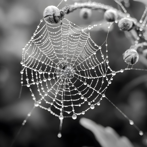 A macro image of a spider web drenched in morning dew Generative AI