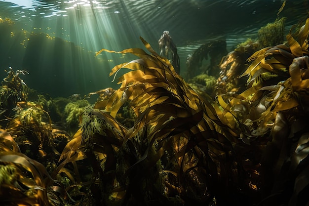 Macro of kelp forest with delicate fronds swaying in the current created with generative ai