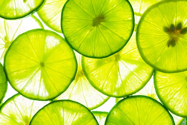 Macro LimeLemon and green lime overlapped slices closeup background