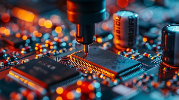 Macro of microchip on circuit board in electronics manufacturing