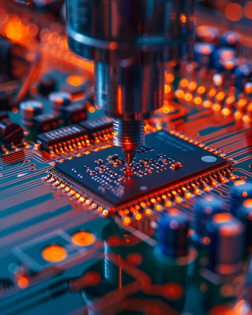 Macro of microchip on circuit board in electronics manufacturing