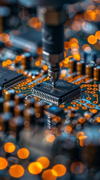 Photo macro of microchip on circuit board in electronics manufacturing