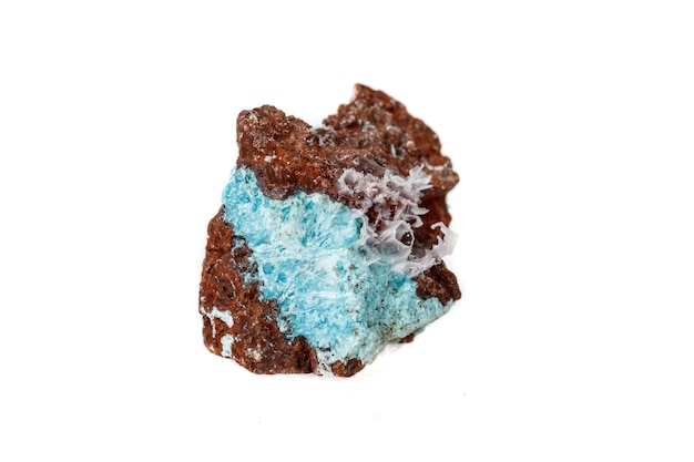 Macro mineral aurichalcite stone on microcline on white background