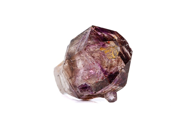 Macro mineral stone Amethyst on smoky quartz on a white background