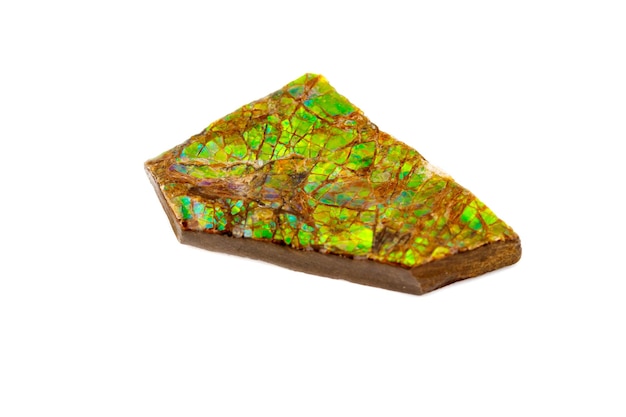 Macro of the mineral stone ammolite on white background