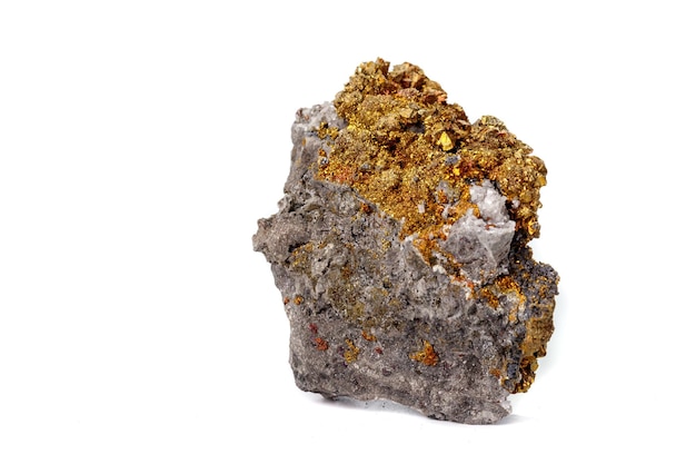 Macro mineral stone Chalcopyrite on a white background