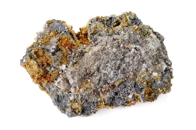 Macro mineral stone Chalcopyrite on a white background