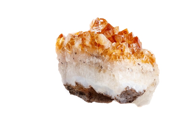 Macro mineral stone Citrine in rock in crystals on a white background