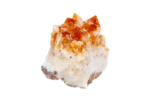 Macro mineral stone Citrine in rock in crystals on a white background