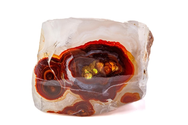 Macro mineral stone fire agate on a white background