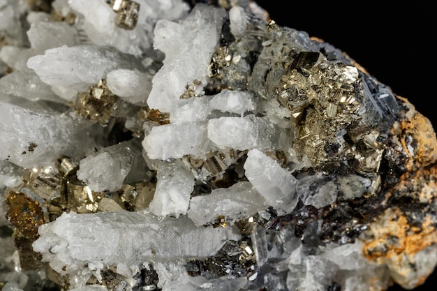 Macro mineral stone Galena Sphalerite Pyrite Quartz on a black background