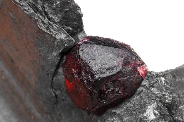 Macro mineral stone garnet in the rock on a white background