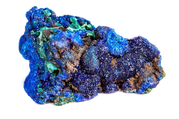 Macro mineral stone malachite with azurite on white background