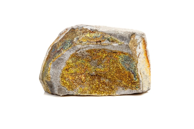 Macro mineral stone Pyrite rainbow on a white background