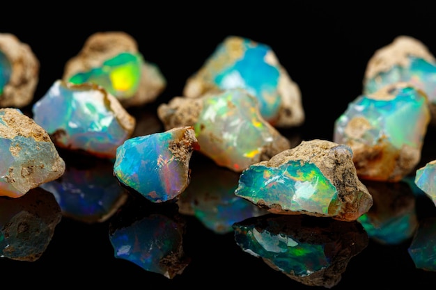 Macro mineral stone rare and beautiful opals on a black background