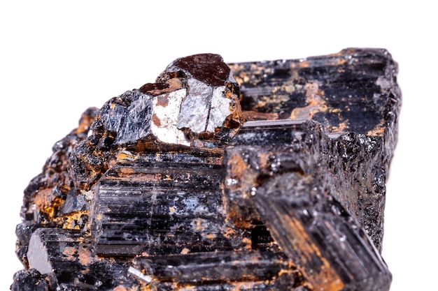 Macro mineral stone sherle schorl black tourmaline on white background