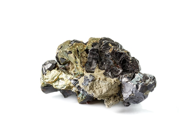 Macro mineral stone Sphalerite Pyrite on a white background