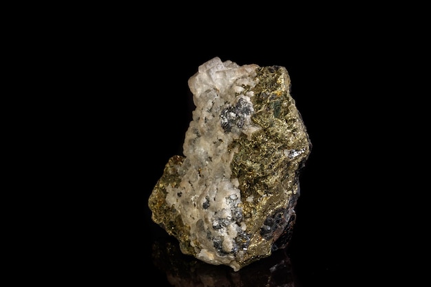 Macro of a mineral stone Sphalerite with fluorite and pyrite on a black background close up