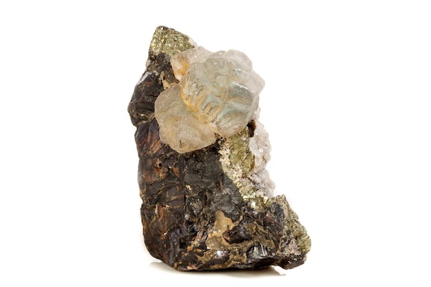 Macro of a mineral stone Sphalerite with fluorite and pyrite on a white background