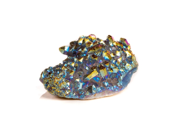 Macro mineral stone Titanium Quartz Flame Aura Quartz on a white background