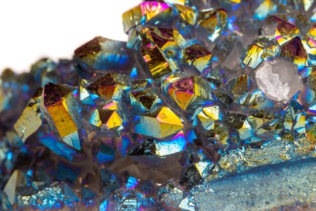 Macro mineral stone Titanium Quartz Flame Aura Quartz on a white background