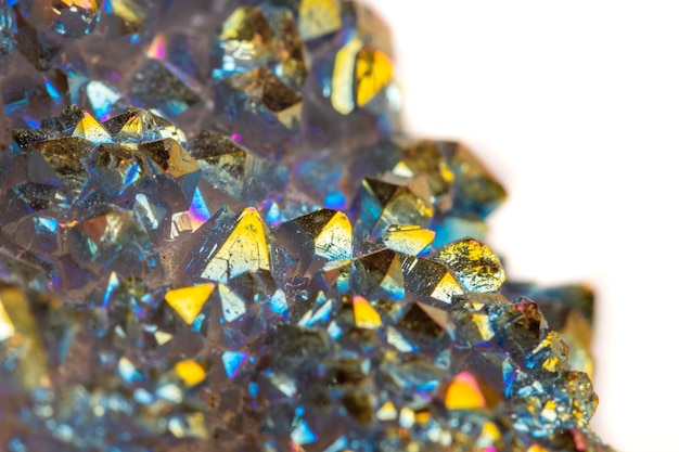 Macro mineral stone Titanium Quartz Flame Aura Quartz on a white background