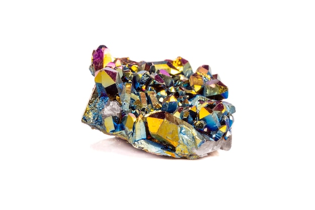 Macro mineral stone Titanium Quartz Flame Aura Quartz on a white background