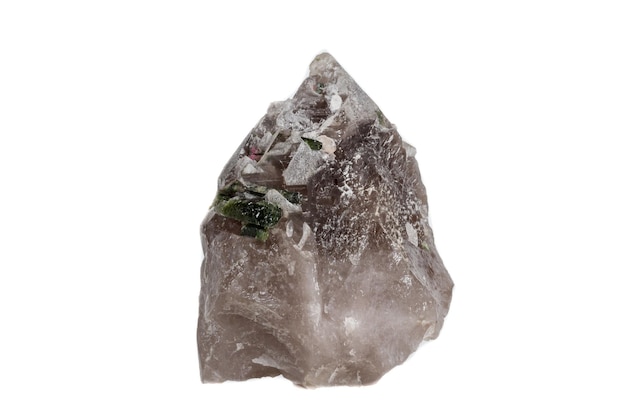 Macro mineral tourmaline stone in quartz on a white background