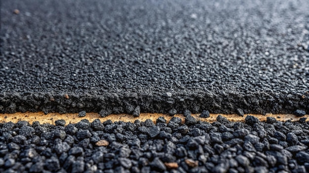 Photo macro newly laid black bitumen asphalt with a high edge to the gravel