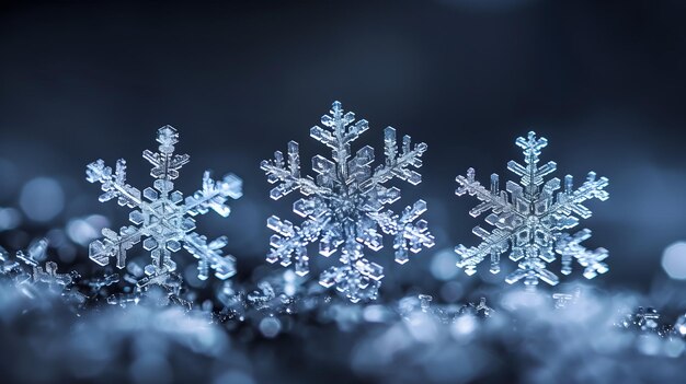 Photo macro photo of 3 snowflakes on ground crystal clear beauty snow