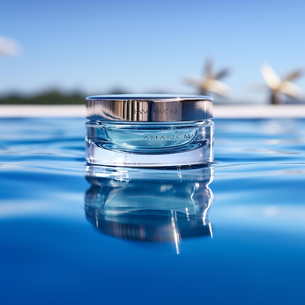 macro photo of beautiful blue luxury cosmetic packaging sitting shallow water with a clear flat hori