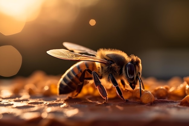 Macro photo of a bee hive on a honeycomb with copyspace Bees produce fresh healthy honey Beekeeping 3D concept Honeybee on sunset Beautiful background or wallpaper Generative Ai