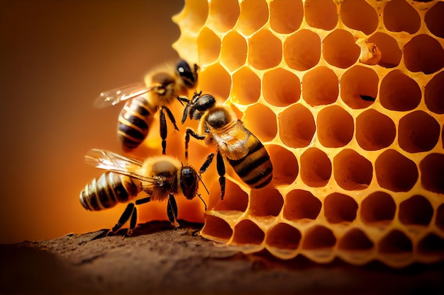 Macro photo of a bee hive on a honeycomb with copyspace Bees produce fresh healthy honey