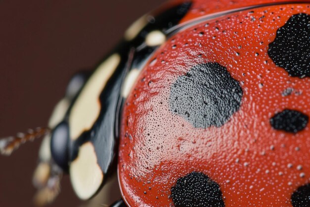 Photo a macro photo of the black spots on a red ladybugas shell highlighting the glossy surface and the fine tiny hairs that cover the insectas body ar 32 v 61 job id 45b4f10aa6454adfb005b16b6a46ccd3