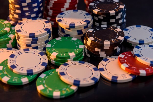 Macro photo of casino chips on table