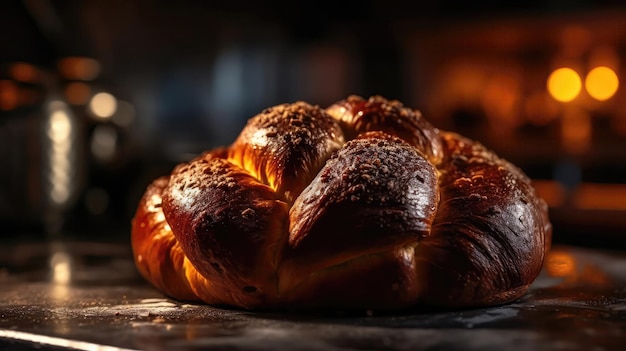 Macro Photo Challah Bread On Stone Rustic Pub Generative AI