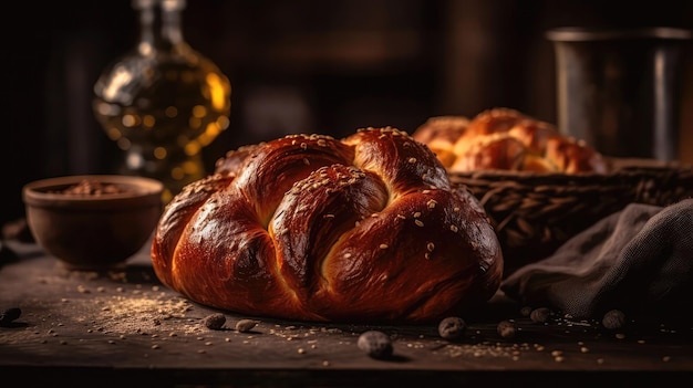 Macro Photo Challah Bread On Stone Rustic Pub Generative AI