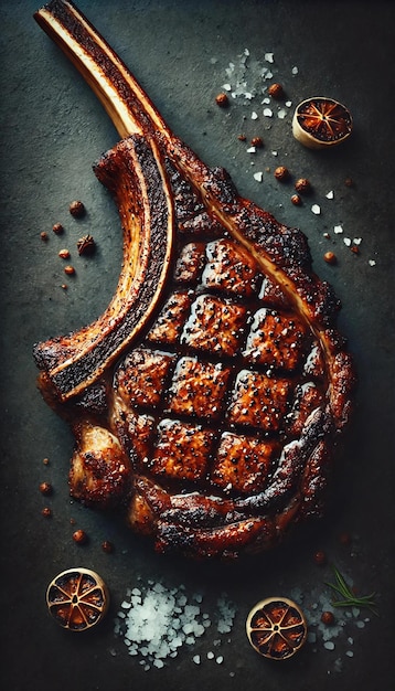 Photo macro photo of cooked tomahawk steak with rich browns