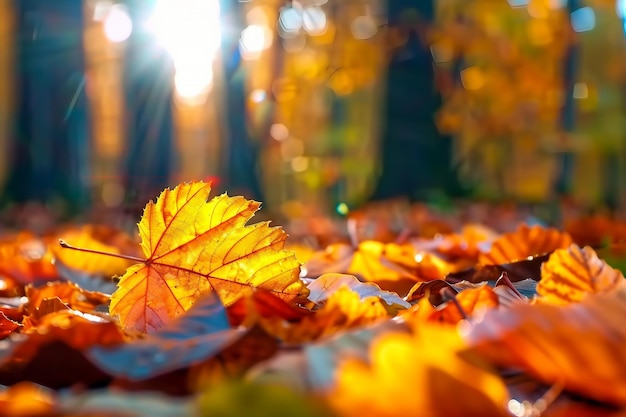 macro photo of a fallen leaves in autumn forest shallow dof generative ai