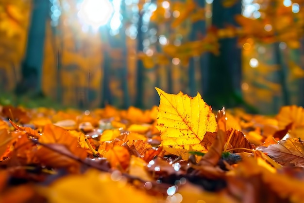 macro photo of a fallen leaves in autumn forest shallow dof generative ai