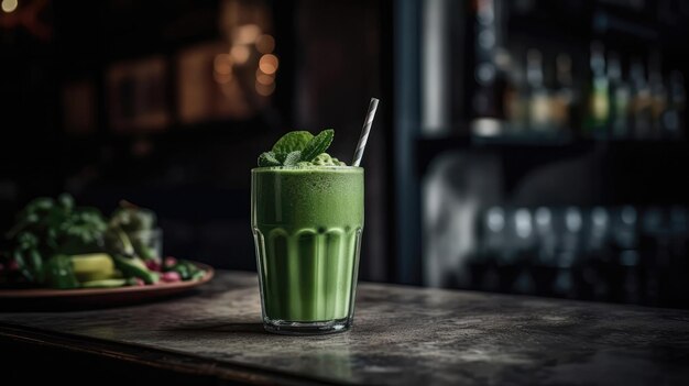 Macro Photo Green Smoothie On Stone Rustic Pub Generative AI