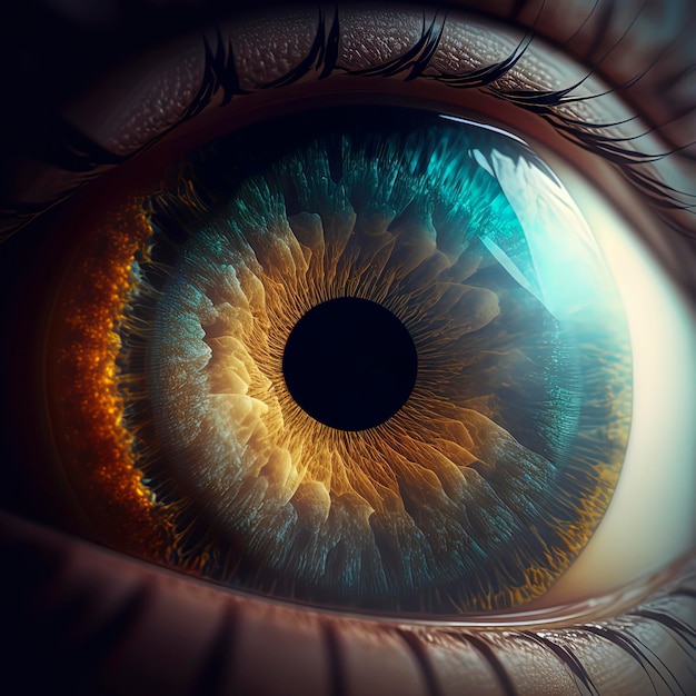 Macro photo of a human blue eye with yellow iris