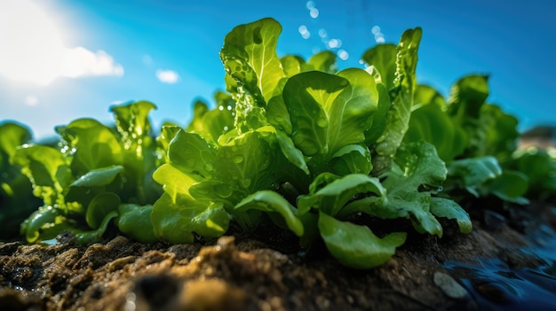 Macro photo of lettuce leaves in the garden generative ai