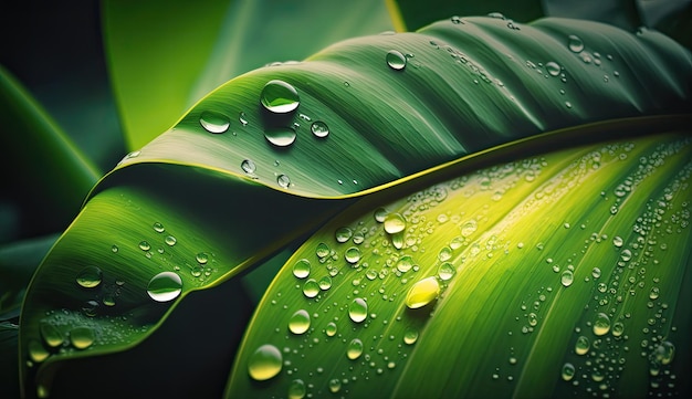 Macro photo many drops of water drop on banana leaves