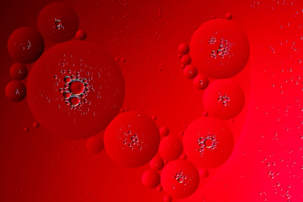 Macro photo. Oil bubbles on a red background. The texture of the oil. Abstract background. Red bubbles.