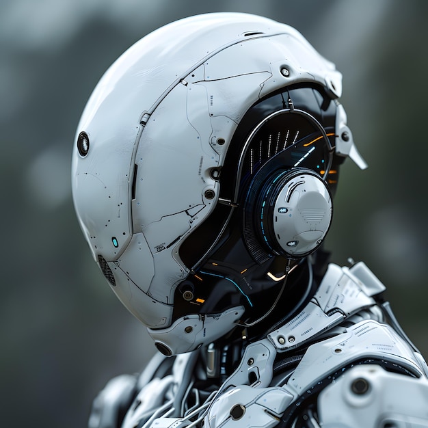 Macro photo of a robot in a helmet and headphones at an aerospace manufacturer